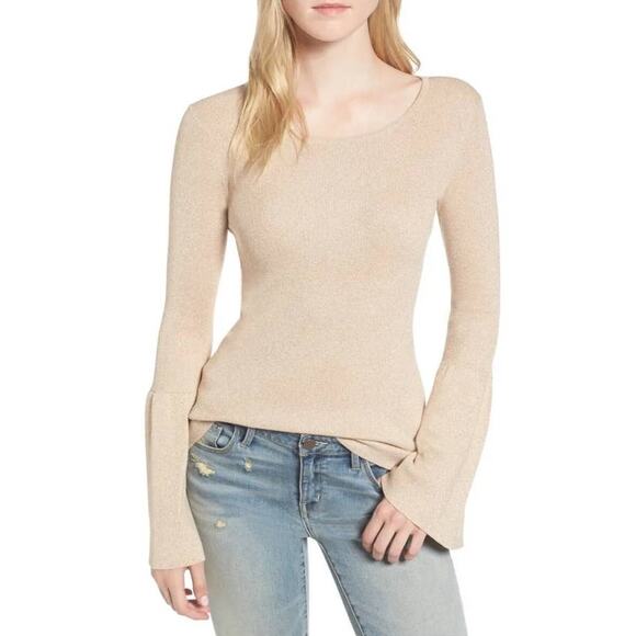 HINGE Rose Gold Metallic Bell Sleeve Tight Knit Pullover Sweater Top sz M - Picture 1 of 8